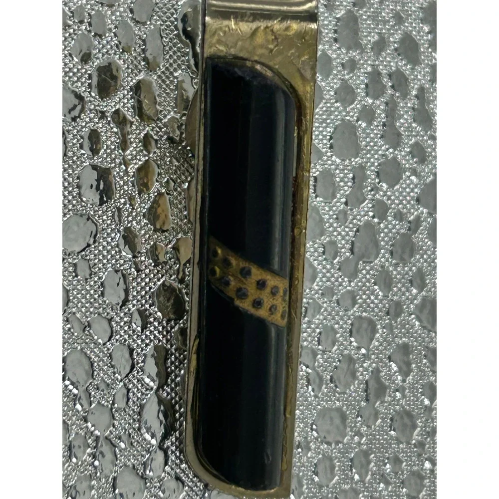 Vintage Gold Tone Tie‎ Clip Black Inlay Diagonal Gold Band Detail Mens Accessory